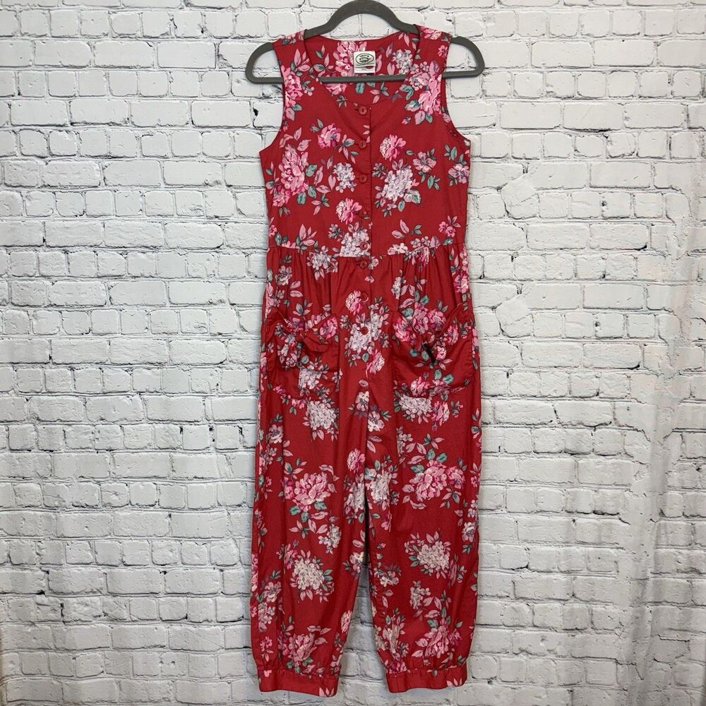 Vintage Laura Ashley Red Floral Cotton Sleeveless Jumpsuit Patch Pocket Boho S